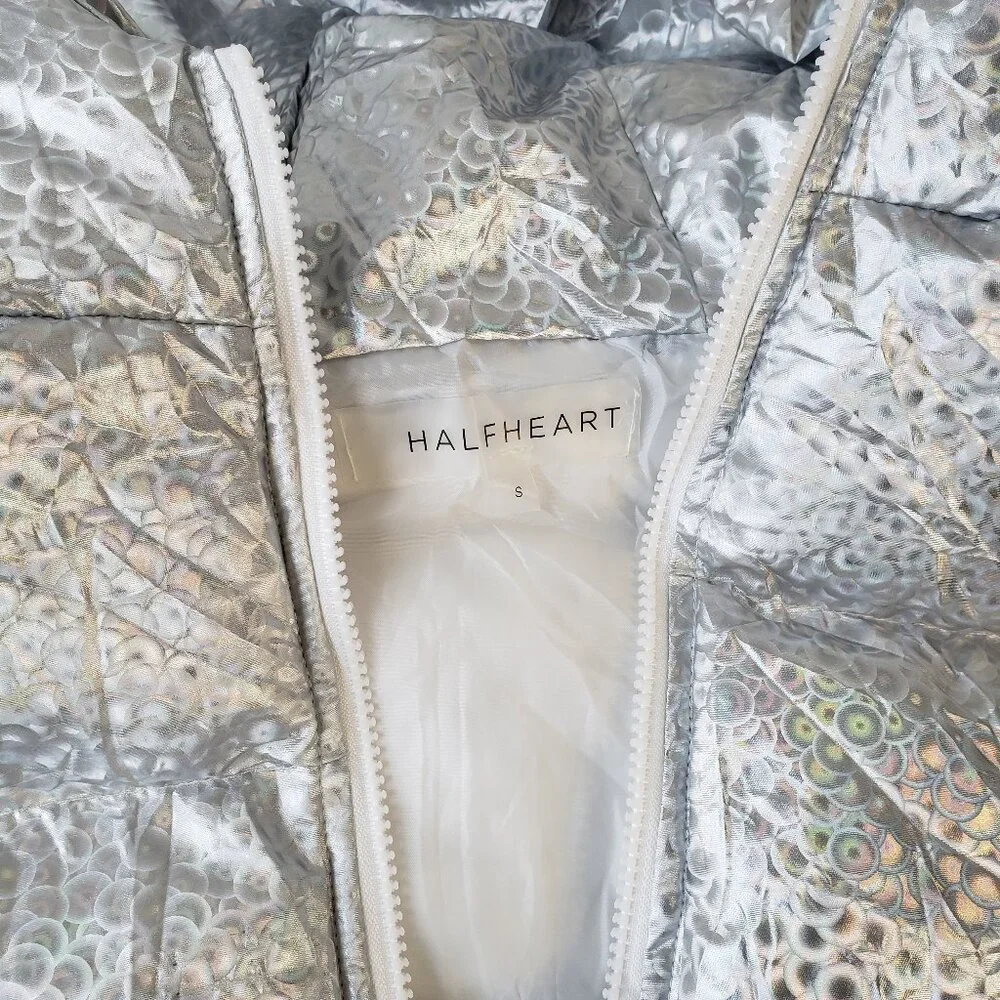 Silver Shine Holographic Crop Puffer Vest Rave Gem Y2K Style Zip + Side Strings - Picture 8 of 12